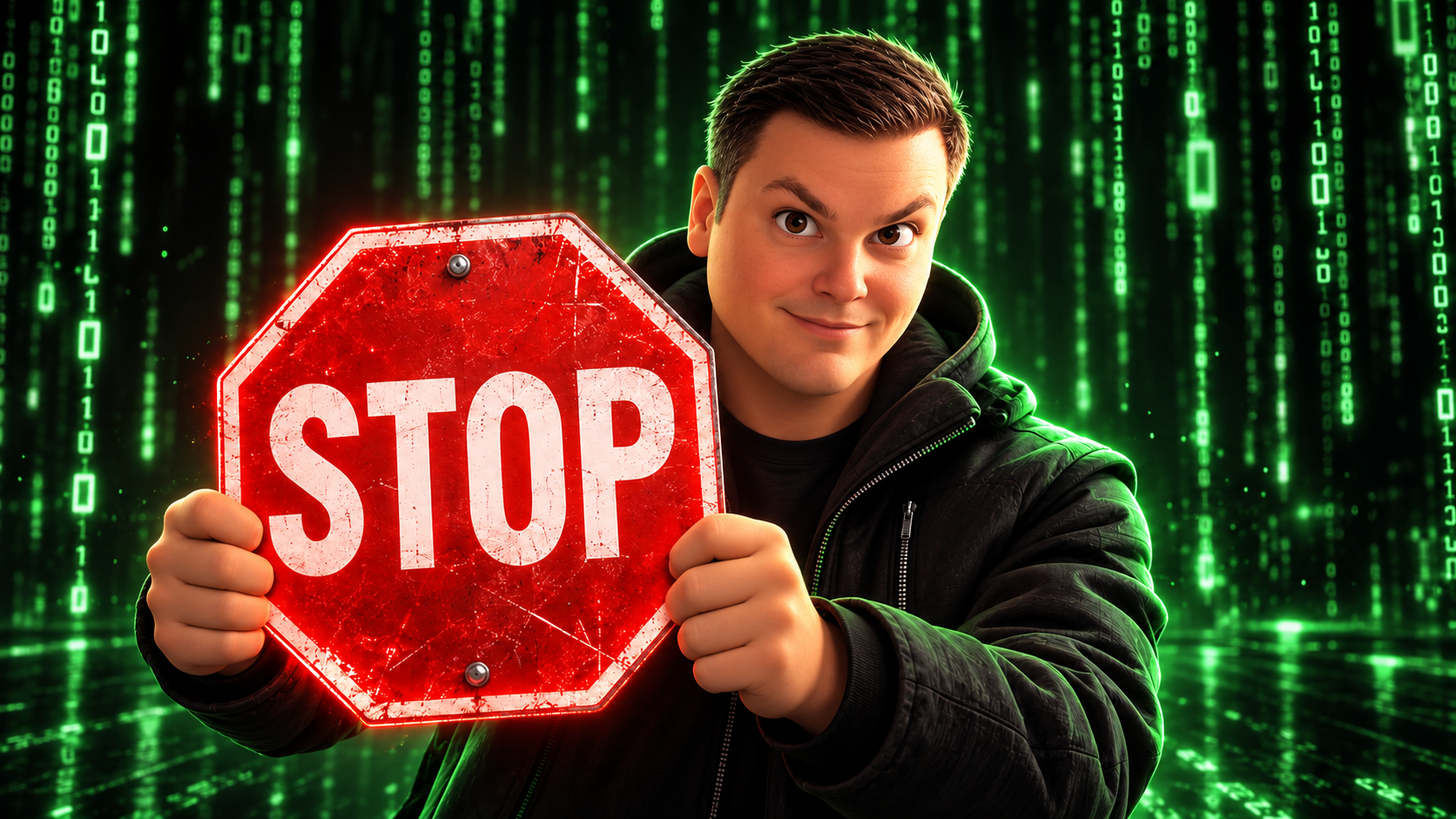 Tecknad man som håller upp en röd stoppskylt framför en digital grön bakgrund